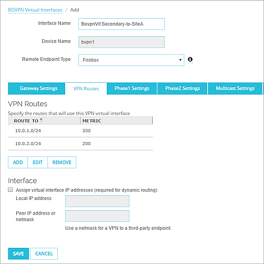 Capture d'écran des routes VPN pour l'interface virtuelle BOVPN secondaire sur le périphérique du Site B