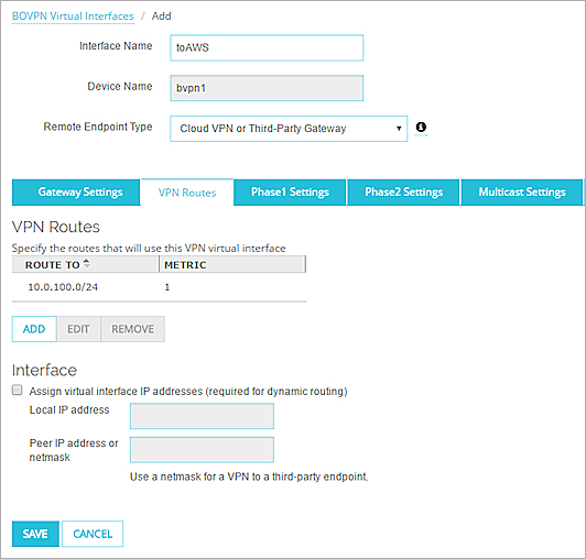 Capture d'écran des routes VIF BOVPN