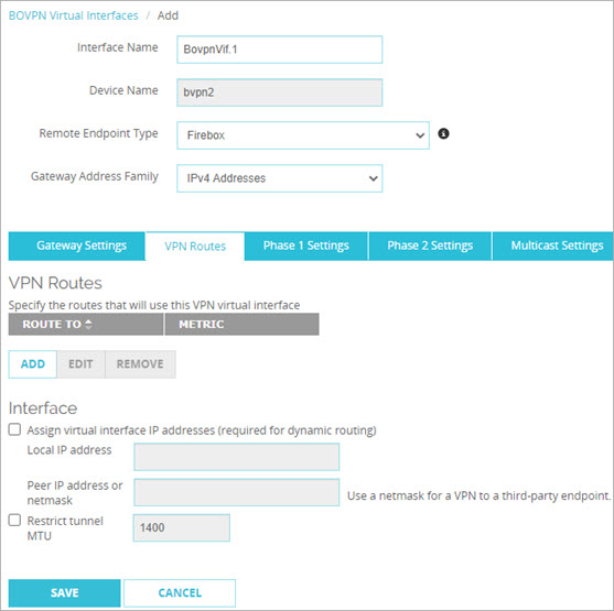 Screen shot of the BOVPN Interface settings, VPN Routes tab