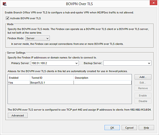 Capture d'écran du résumé des paramètres de BOVPN over TLS