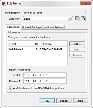Capture d'écran de la boîte de dialogue Modifier le tunnel - onglet Adresses