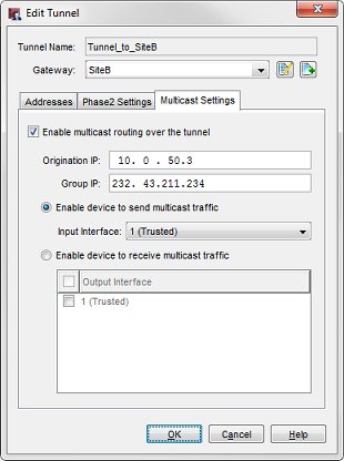 Capture d'écran de la boîte de dialogue Modifier le tunnel - onglet Paramètres de multidiffusions