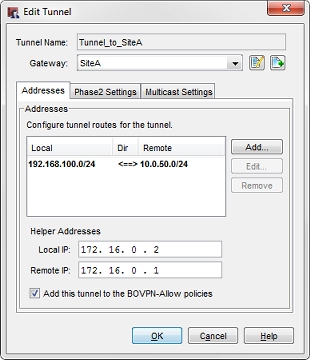 Capture d'écran de la boîte de dialogue Modifier le tunnel - onglet Adresses pour le site B
