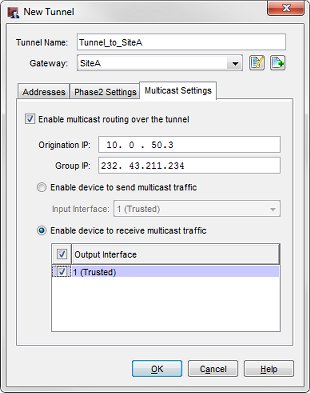Capture d'écran de la boîte de dialogue Modifier le tunnel - onglet Paramètres de multidiffusions