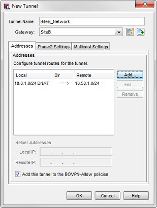 Capture d'écran de la boîte de dialogue Modifier un tunnel avec les paramètres définis pour l'exemple de DNAT sur le tunnel SiteB_Network