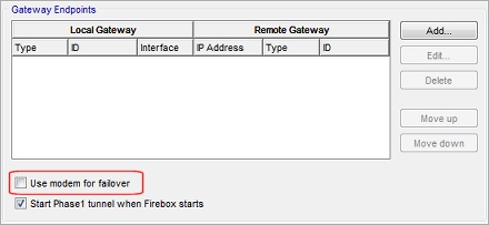Capture d'écran de la liste des endpoint de la passerelle, la case à cocher Utiliser un modem pour le basculement est entourée