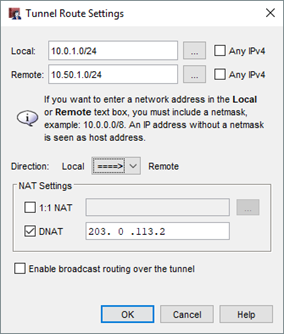 Capture d'écran de la boîte de dialogue Paramètres de route de tunnel avec les paramètres de DNAT réglés sur l'IP publique