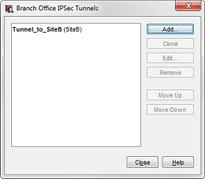 Capture d'écran de la boîte de dialogue Tunnels Branch Office IPSec avec un nouveau tunnel ajouté