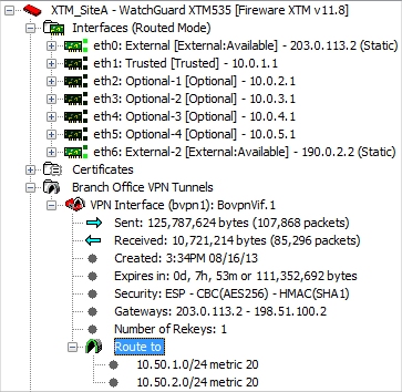 Screen shot of Firebox System Manager front panel tab Branch Office VPN tunnels at Site A