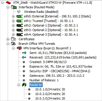 Screen shot of Firebox System Manager front panel tab Branch Office VPN tunnels at Site B