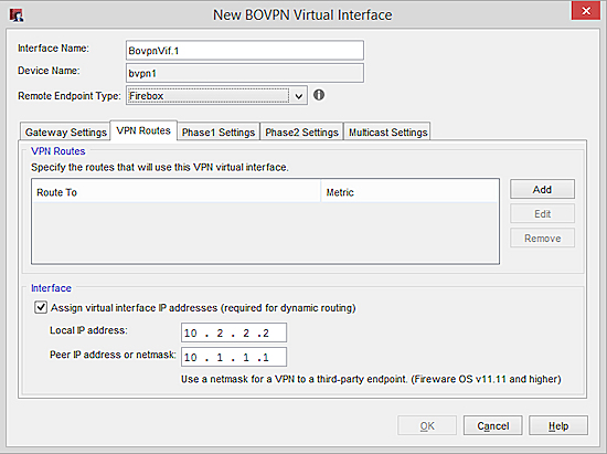 Screen shot of the New BOVPN Virtual Interface, VPN Routes tab