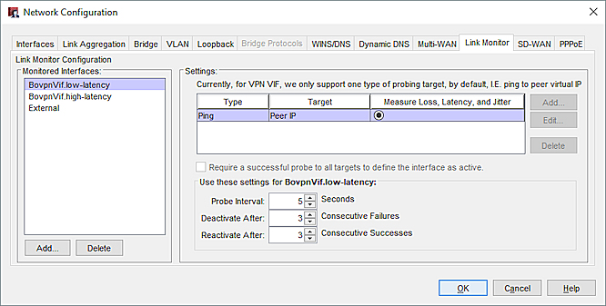 Screen shot of the Link Monitor settings