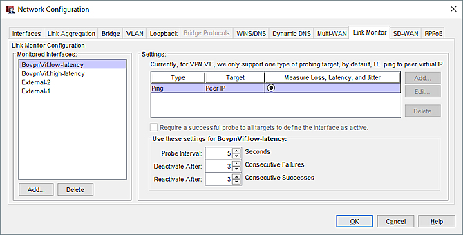 Screen shot of the Link Monitor settings for Site B