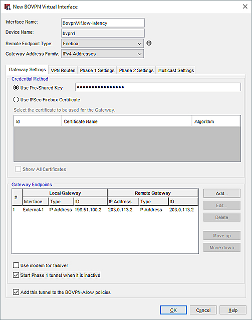 Capture d'écran de l'interface virtuelle BOVPN du Site B pour la connexion à latence faible