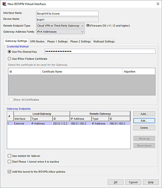 Configuration de la passerelle du Site A dans Fireware Web UI.