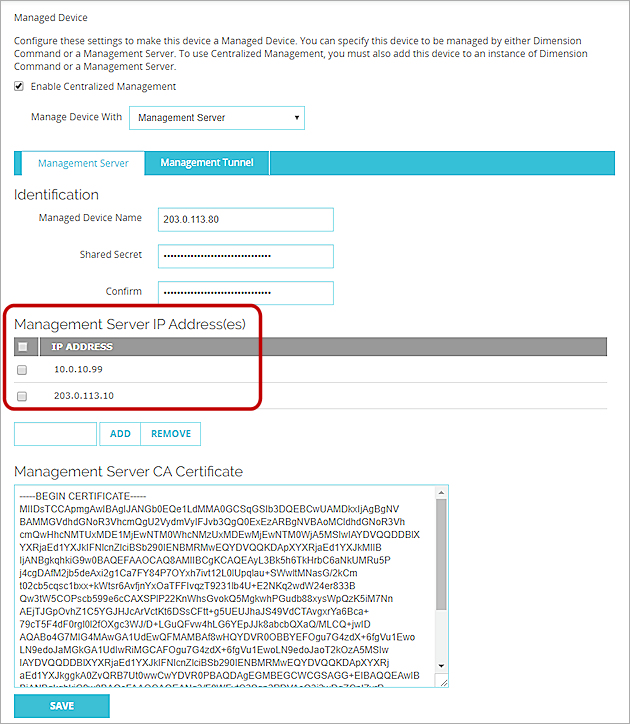 Capture d'écran des adresses IP du serveur Management Server dans Fireware Web UI