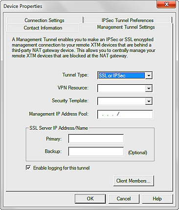 Capture d'écran des Paramètres du Tunnel de Gestion pour un tunnel SSL ou IPSec