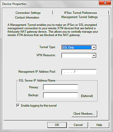 Capture d'écran des Paramètres du Tunnel de Gestion pour un tunnel SSL