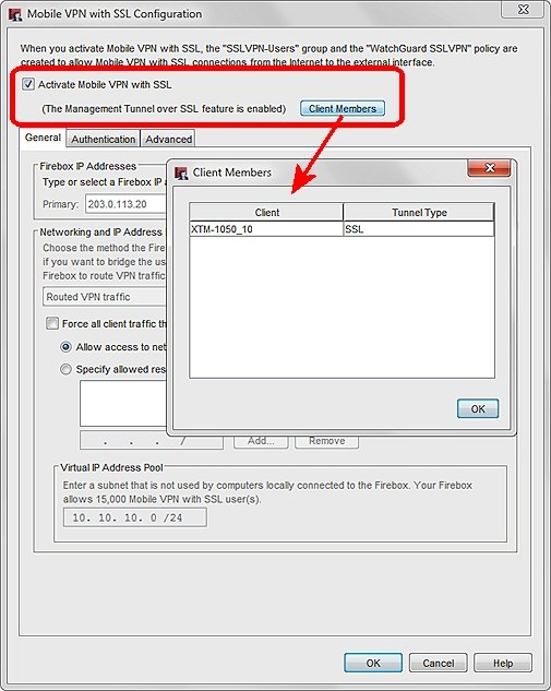 Capture d'écran des boîtes de dialogue Configuration de Mobile VPN with SSL et Membres Clients pour un périphérique Hub.