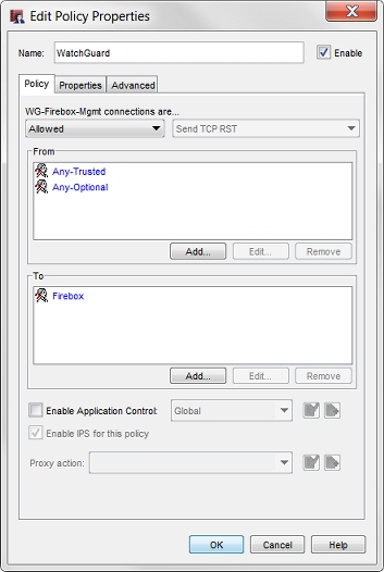 Capture d'écran de la boîte de dialogue Modifier les propriétés de la stratégie, Stratégie WatchGuard