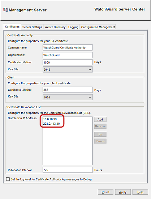 Capture d'écran de la page Certificats de Management Server