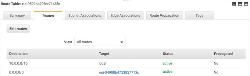 Capture d'écran des Routes d'un réseau privé présentant l'état Actif