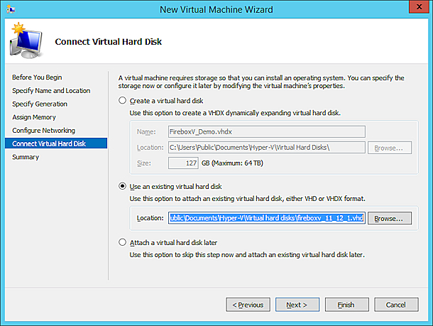 Capture d'écran de l'Assistant New Virtual Machine Wizard, Connecter un Disque Dur Virtuel