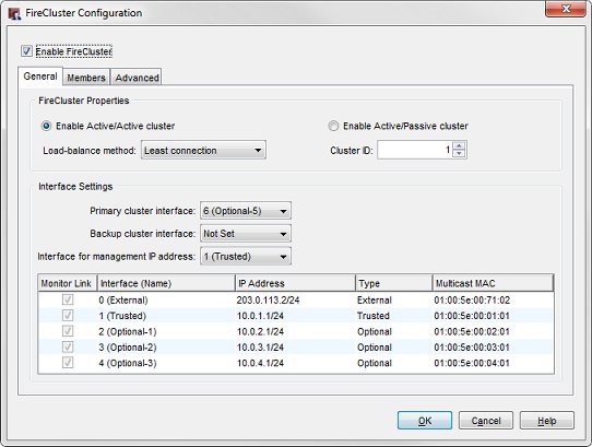 Capture d'écran de la boîte de dialogue Configuration FireCluster - onglet Général