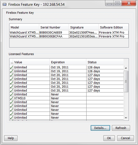 Capture d'écran de la boîte de dialogue Clés de fonctionnalité Firebox pour un FireCluster.