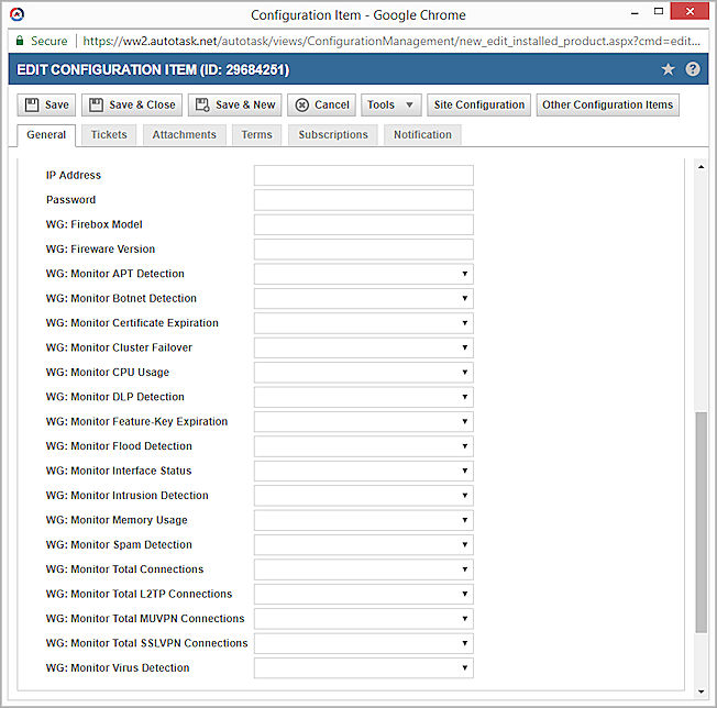 Capture d'écran de la page Élément de Configuration d'Autotask