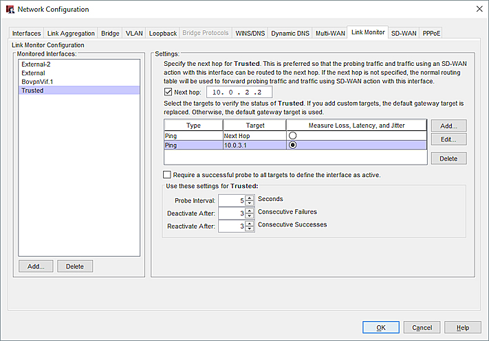 Screen shot of the Link Monitor settings for an internal interface