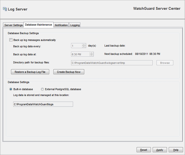 Capture d'écran de la page Maintenance de la base de données Log Server