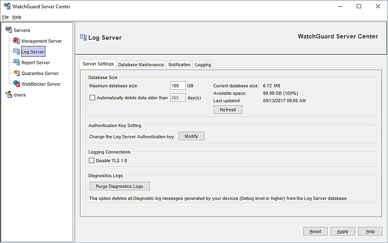 Capture d'écran de la page Paramètres de serveur de Log Server