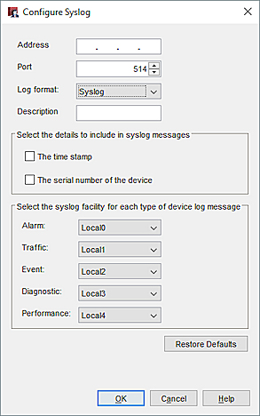 Capture d'écran de la boîte de dialogue Configurer Syslog pour le format des journaux syslog