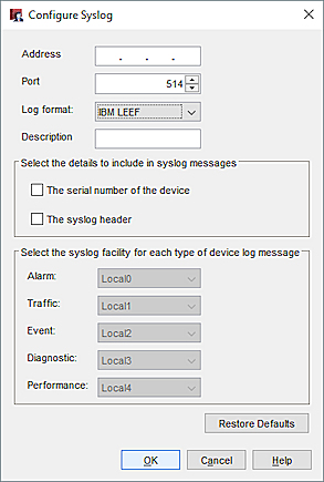 Capture d'écran de la boîte de dialogue Configurer Syslog pour le format de journal IBM LEEF