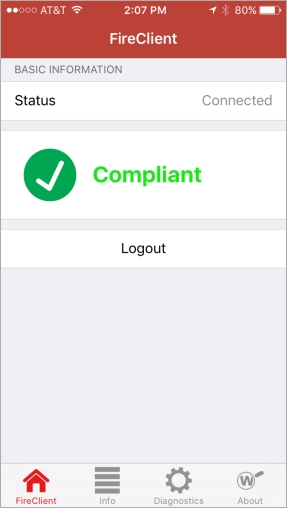 Capture d'écran de l'application FireClient après connexion et vérification de conformité réussies