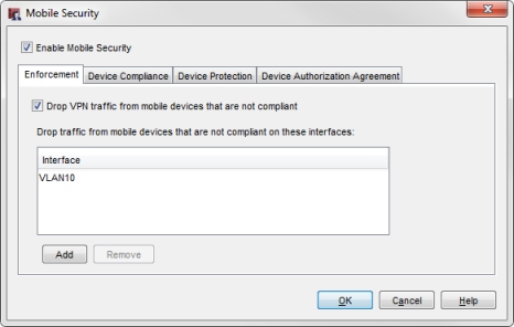 Capture d'écran de la boîte de dialogue Sécurité Mobile dans Policy Manager avec VLAN10 dans l'onglet Interfaces