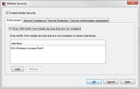 Capture d'écran de l'onglet Application de la Sécurité Mobile avec WG-Wireless-Access-Point1 dans la liste Interfaces