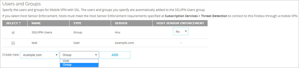 Screen shot of the Users and Groups configuration