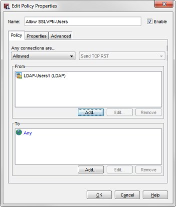 Capture d'écran des propriétés de la stratégie Autoriser SSLVPN-Utilisateurs