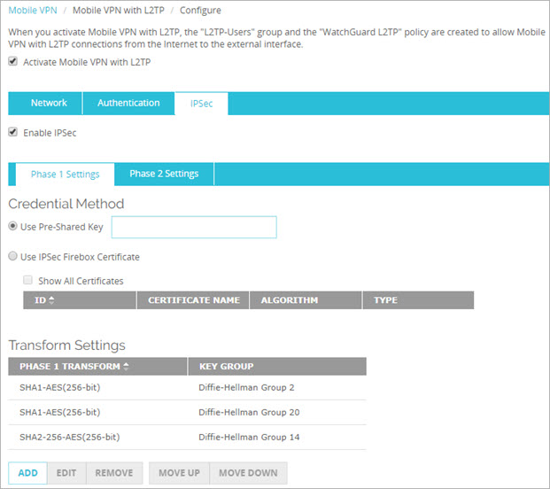 Capture d'écran de la page Mobile VPN with L2TP, onglet IPSec, paramètres de phase 1