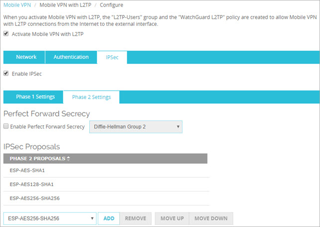 Capture d'écran de la page Mobile VPN with L2TP, paramètres IPSec de phase 2