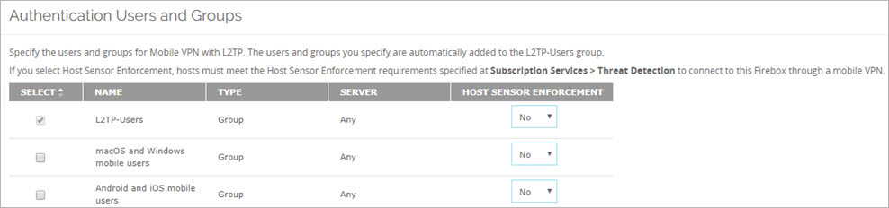 Capture d'écran de l'assistant Mobile VPN with L2TP Setup Wizard - page authentification des utilisateurs et des groupes