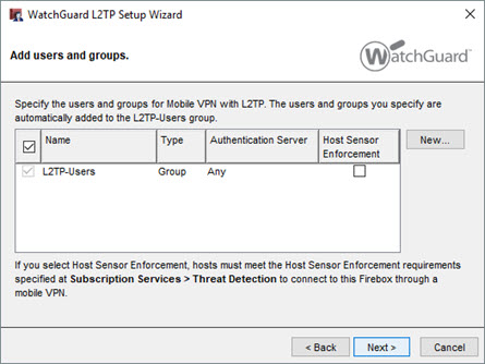 Capture d'écran de l'assistant WatchGuard L2TP Setup Wizard - page Ajouter des utilisateurs et des groupes autorisés