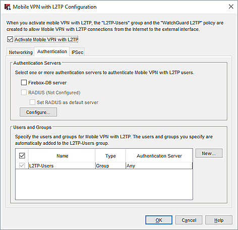 Capture d'écran de la boîte de dialogue Configuration de Mobile VPN with L2TP, onglet Authentification