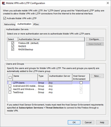 Screen shot of the Mobile VPN with L2TP Authentication tab in Fireware v12.5 or higher