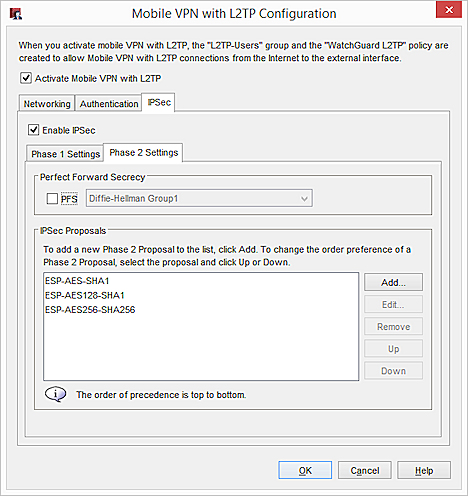 Capture d'écran de la boîte de dialogue Configuration de Mobile VPN with L2TP, paramètres IPSec de Phase2