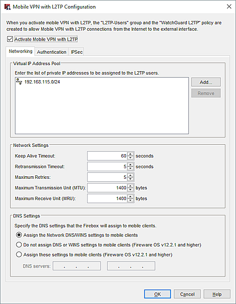 Capture d'écran de la boîte de dialogue Configuration de Mobile VPN with L2TP, onglet Mise en réseau