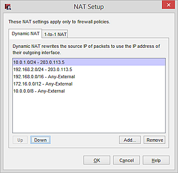 Capture d'écran de la boîte de dialogue Configuration NAT, onglet NAT dynamique