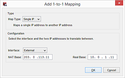 Capture d'écran de la boîte de dialogue Ajouter mappage 1-to-1 NAT